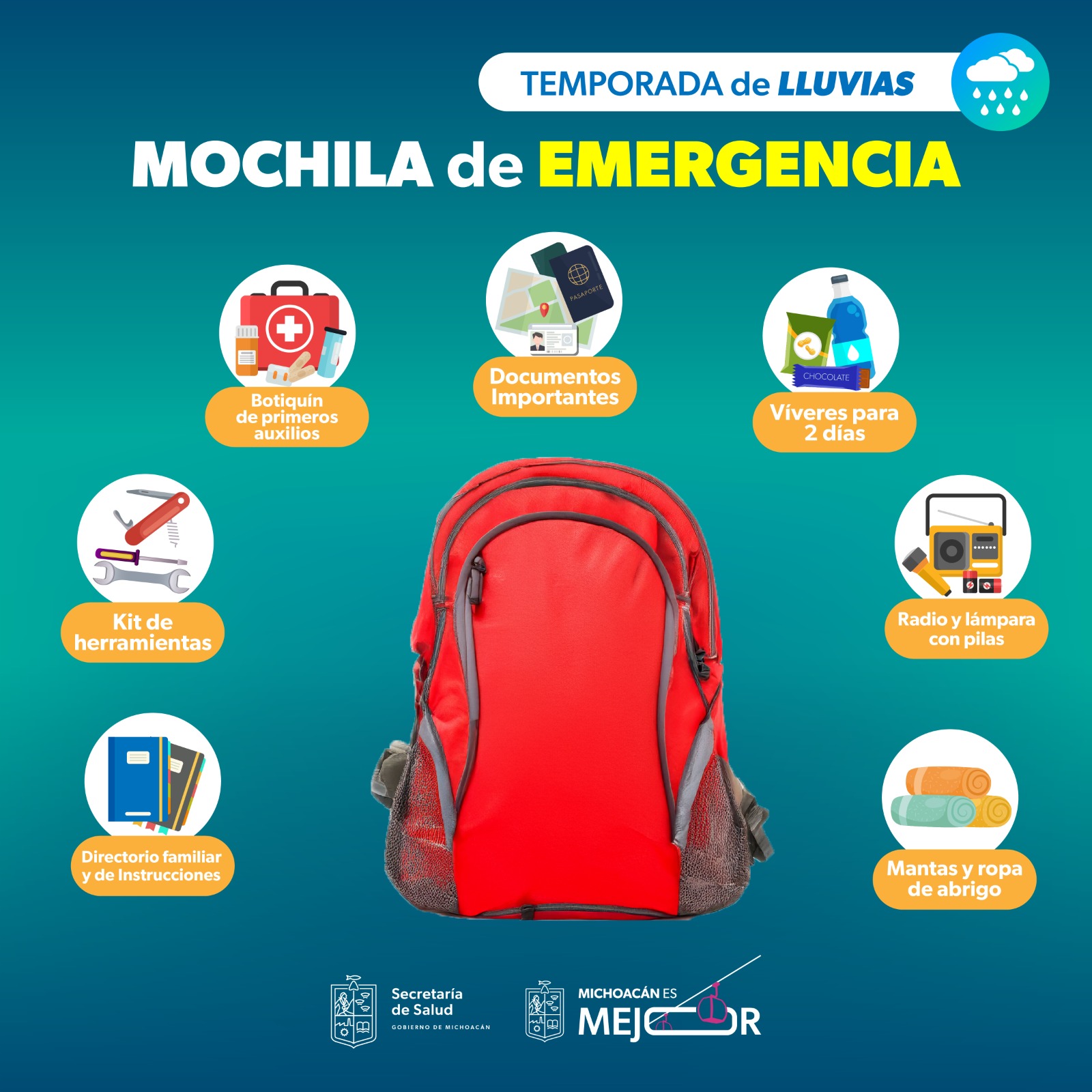 SSM te dice cómo prevenirte con una mochila de emergencia ante las lluvias
