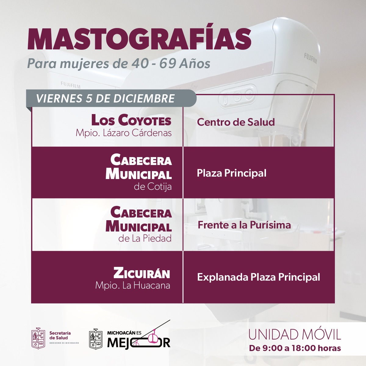 SSM realizará mastografías gratuitas en 10 municipios de Michoacán